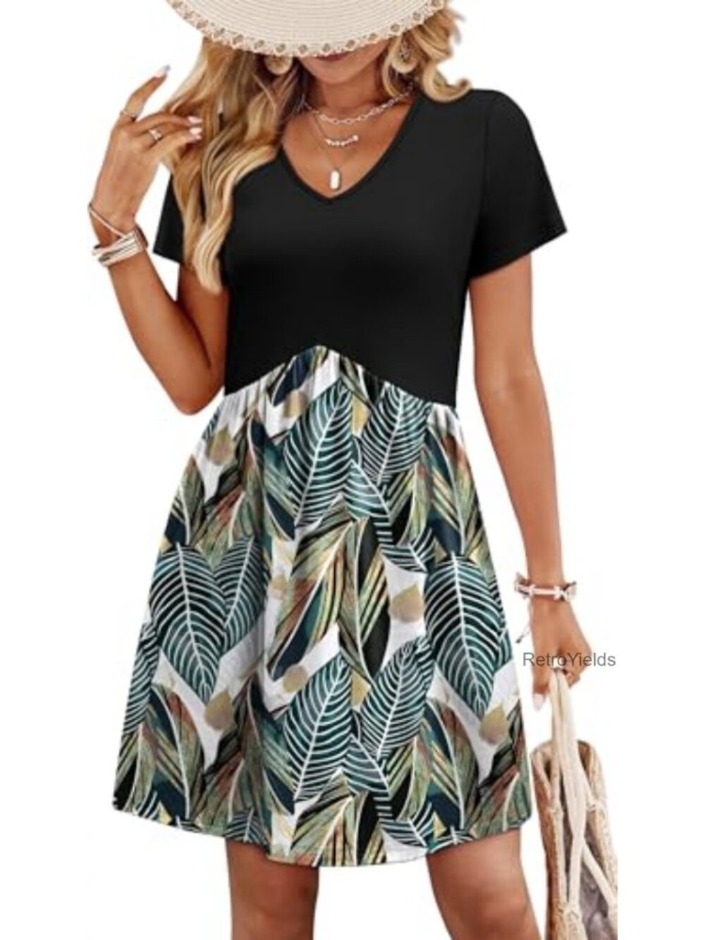 Women's Casual Summer Babydoll Dress V-Neck Short Sleeve with Pockets Soft